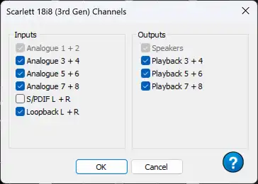 A window showing all of the Focusrite inputs separated out