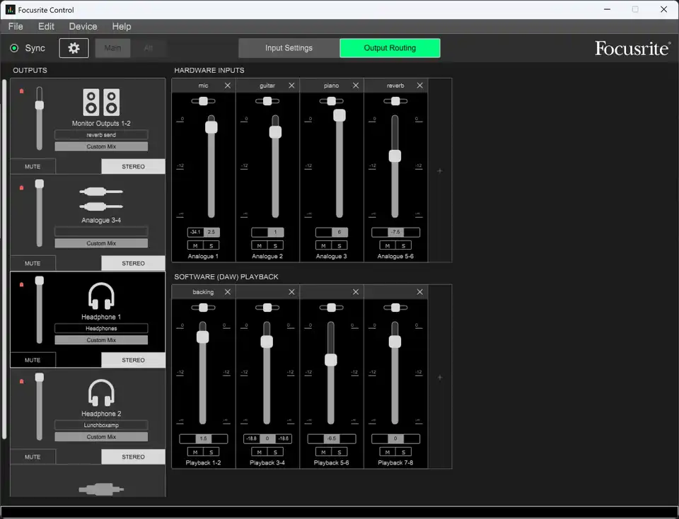 Focusrite Control UI showing the monitor mix for headphone 1