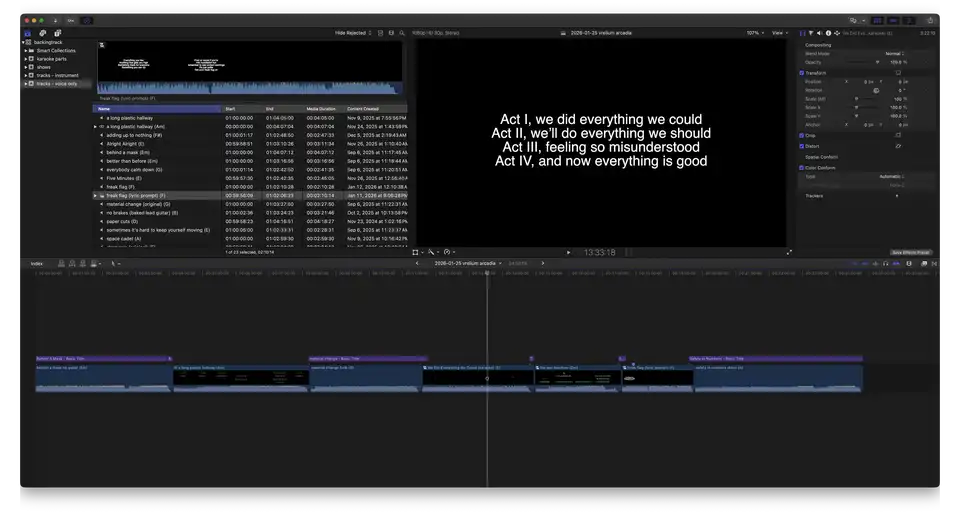 A screenshot of Final Cut Pro showing a library of songs and a timeline with a show's prepared set