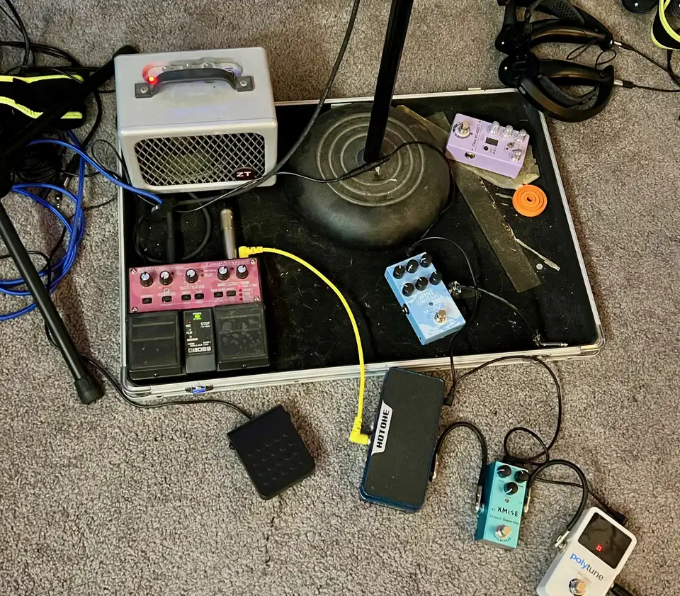 A collection of guitar effect pedals