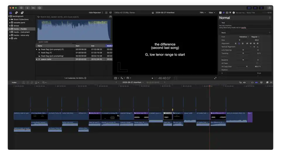 Final Cut Pro session with a sequence of song snippets. The title cue for "The Difference" is visible in the editor preview